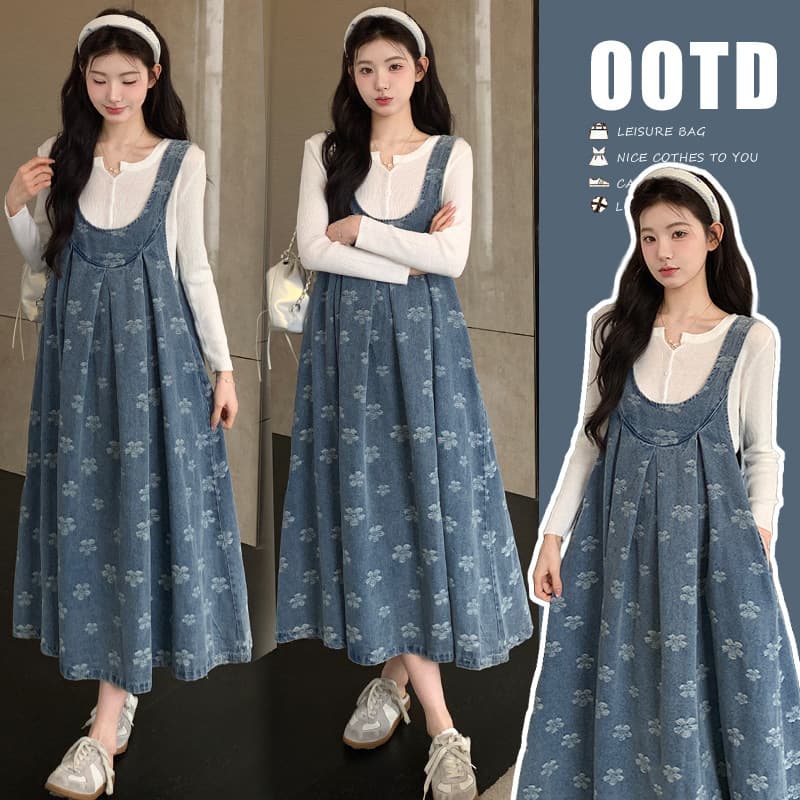 Maternity Wear 2026 Spring New Korean Style Knitted Top + Denim Jacquard 2-Piece Set Maternity Dress