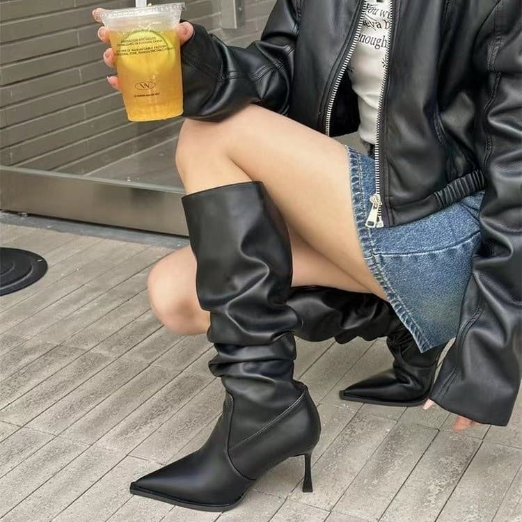 European and American Pointed Toe Pleated High Tube Tall Boots for Women, 2026 Autumn Thin Heel Stacked Boots High Heel Knee-High Women's Tall Boots