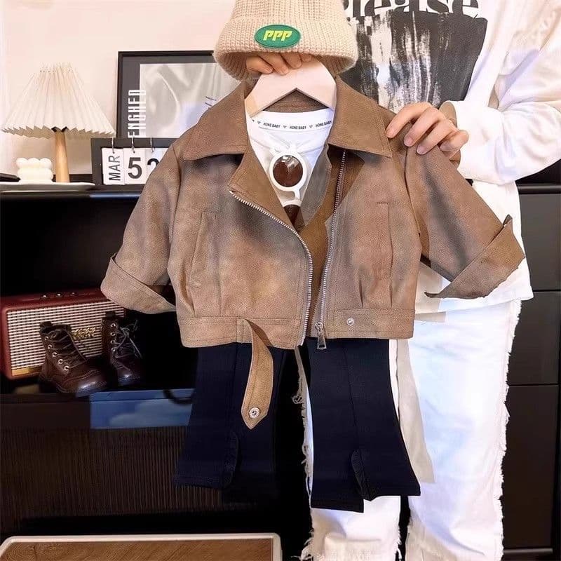 Girls' High-End Short Waist-Cinched Leather Jacket Coat 2026 Spring Autumn New Children's Loose Lapel Moto Jacket