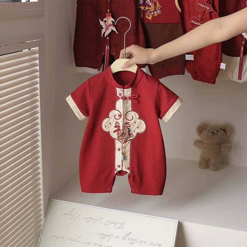 Baby Romper for 100-Day Celebration, Summer Outfit, Thin Chinese-Style Birthday Dress for Infants, Summer Clothing for Infants and Toddlers