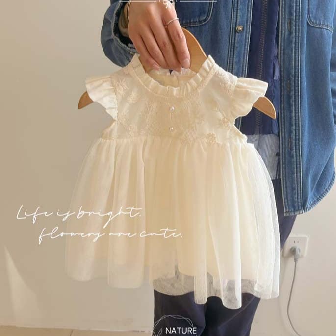 Baby Girl Dress Summer Lace Tulle Dress with Ruffled Collar and Flutter Sleeves, Embroidered One-Month-Old and First Birthday Party Gown