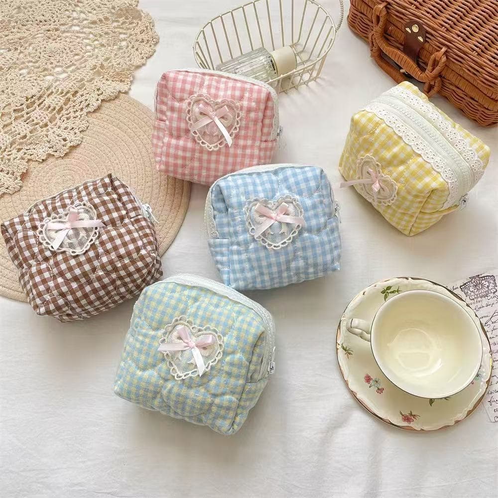 Ins Makeup Bag Women Large Capacity Plaid Bow Toiletry Bag Storage Pouch Portable Handheld Makeup Case