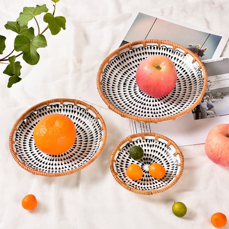 Nordic Light Luxury Autumn Rattan Woven Storage Tray for Dried Fruits, Table Cake Display, Ceramic Fruit Plate