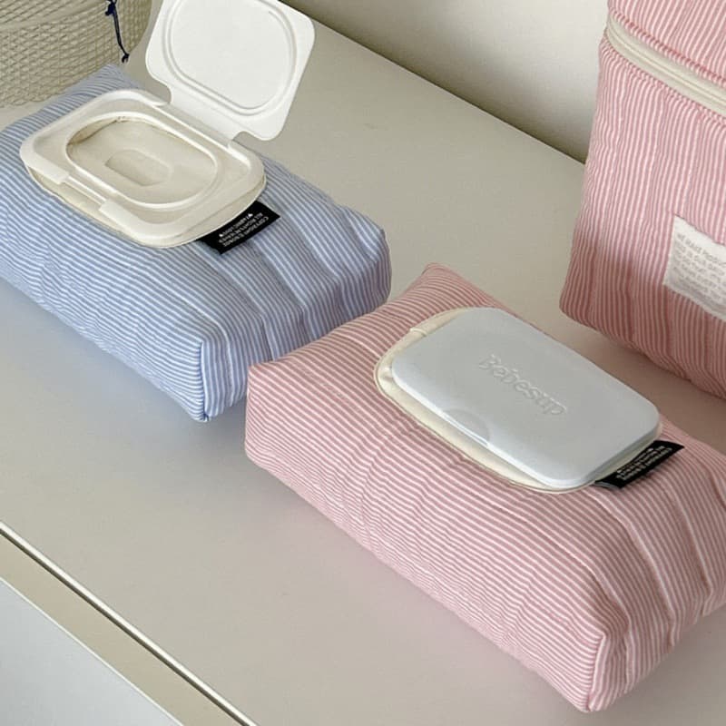 Korean Style Striped Quilted Cotton Fabric Tissue Cover Daily Use Living Room Bedroom Desktop Decoration Wet Wipe Pouch Storage