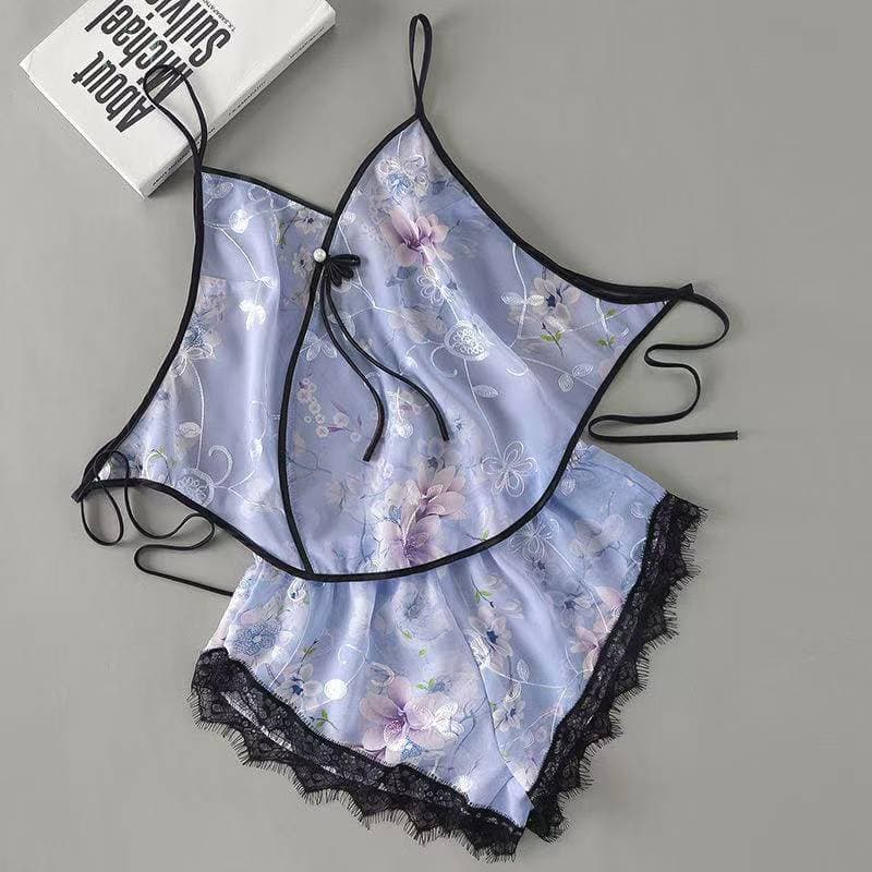 Qiao Duo Summer Plus Size Sexy Sleepwear Ice Silk Bellyband Set Adult Spaghetti Strap Sexy Backless Lingerie Shorts Thin