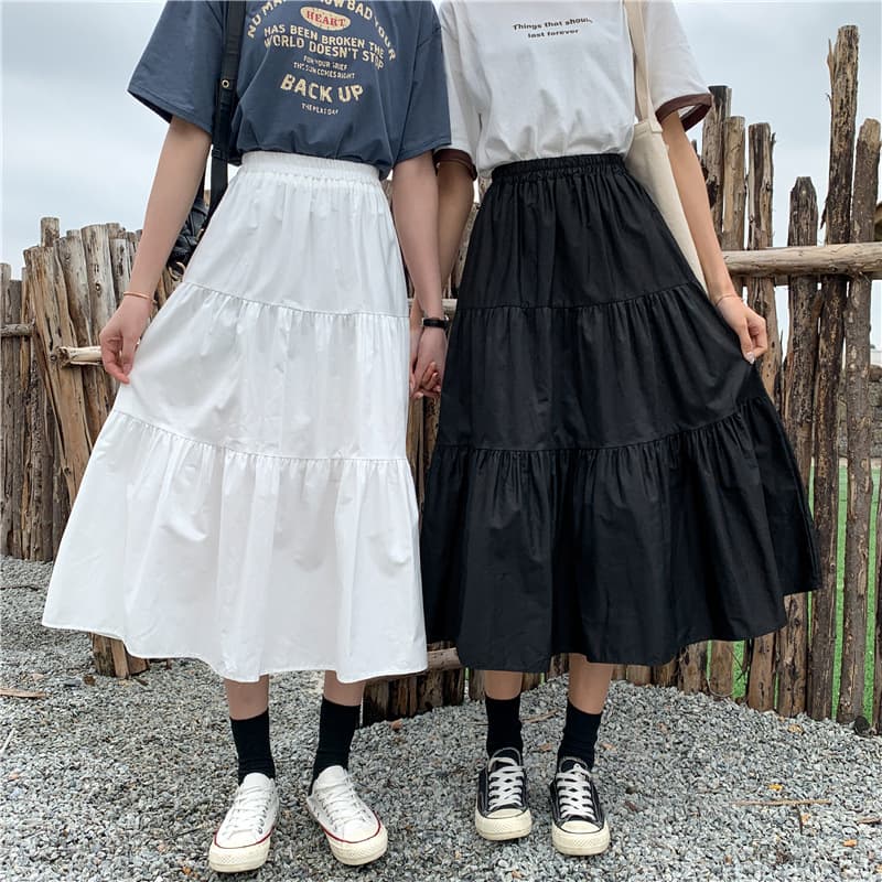 Women's Summer New Style Student Gentle White Layered Skirt Umbrella Skirt High-Waist Mid-Length A-Line Skirt Long Skirt