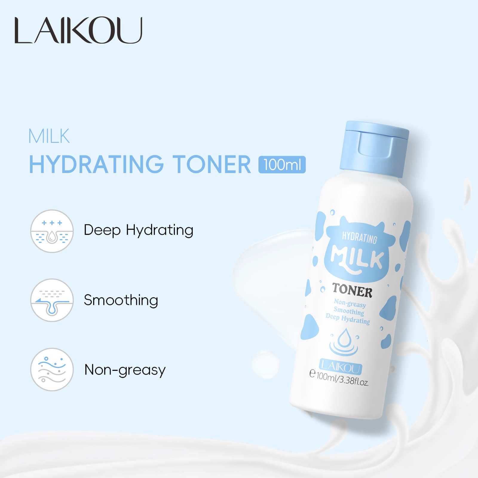 Cross-border LAIKOU Milk Refreshing Toner Wet Compress Water 100ml Moisturizing Hydrating FDA Skincare In Stock