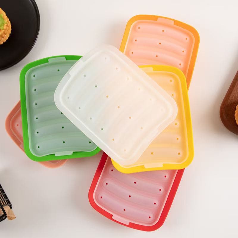 Food-Grade Silicone Hot Dog Sausage Mold with Lid, 6-Cavity, Baby Food Homemade Sausage, Kitchen Baking Mold