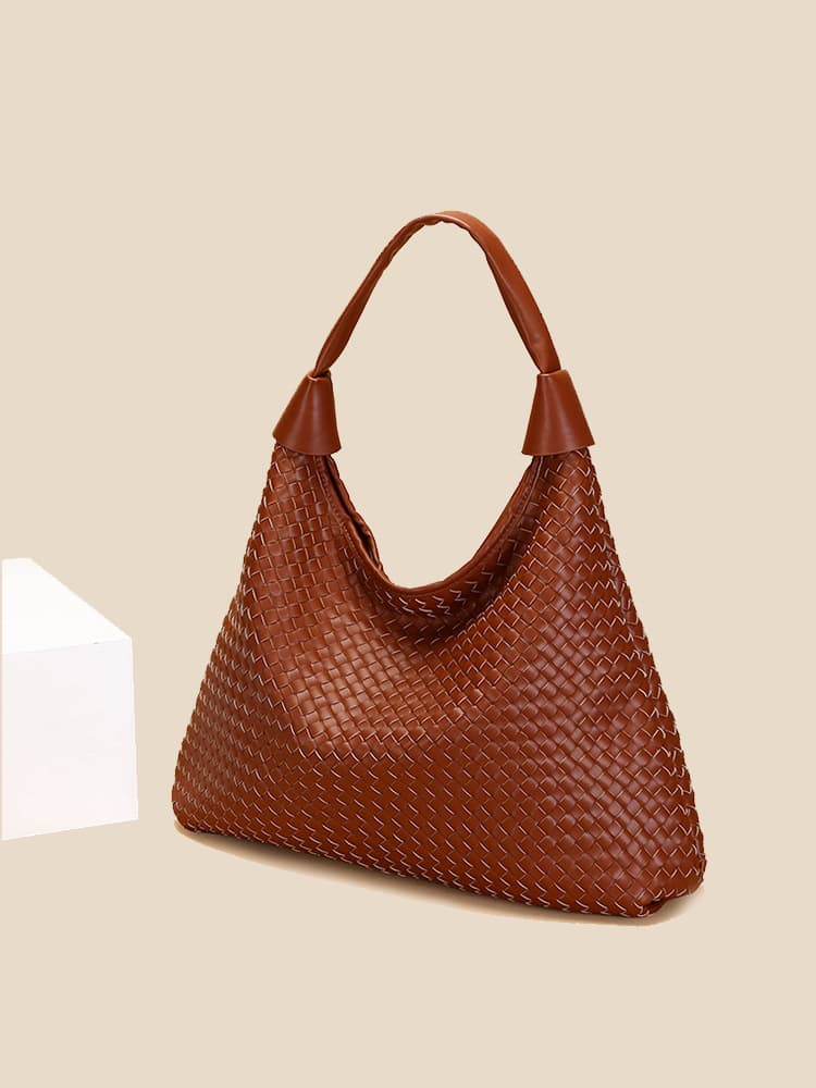 Cross-Border Exclusive Woven Women's Bag, Japanese & Korean Style Casual Soft Leather Shoulder Bag, Large Capacity Handbag, Shoulder Handbag 2-in-1