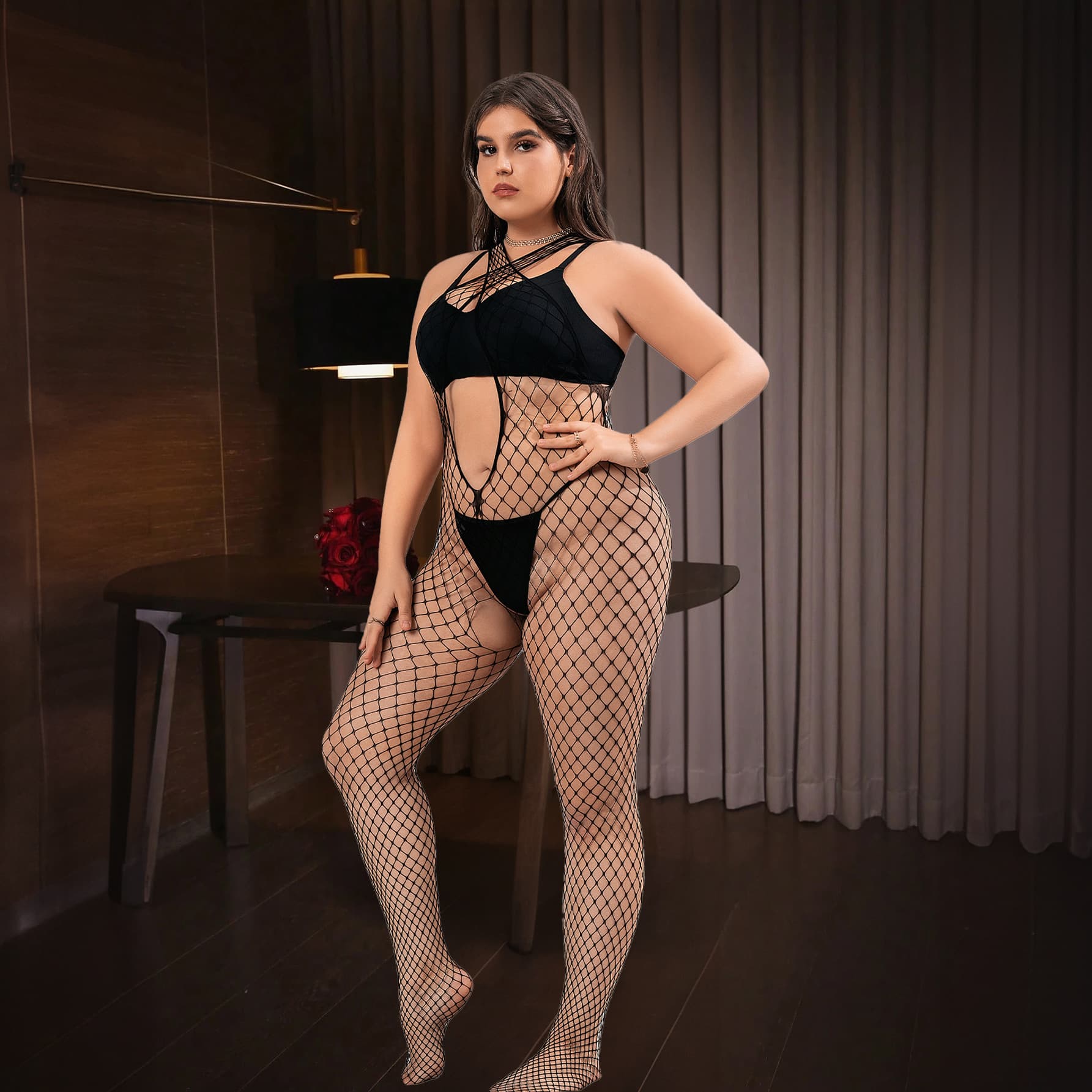 Plus Size Lingerie for Women, Open Weave Fishnet Cross Strap Suspender Teddy, Sexy Babydoll