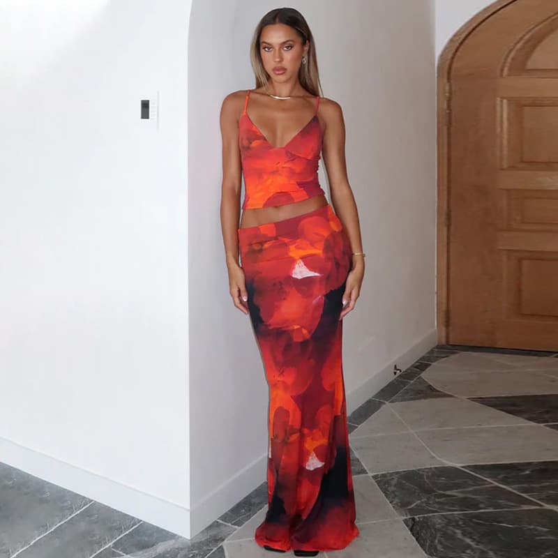 European and American style women's clothing 2026 spring new backless sexy V-neck printed vest + slim skirt suit trendy