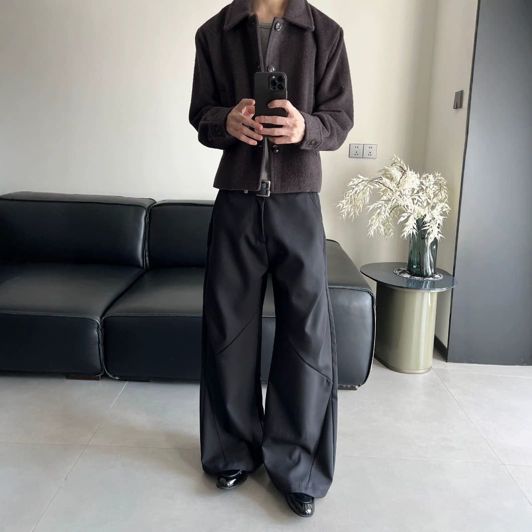 Pleated Split TR Fabric Diamond 3D Cut Drape Straight Wide Leg Slim Fit Men's and Women's Clean Fit Dress Pants