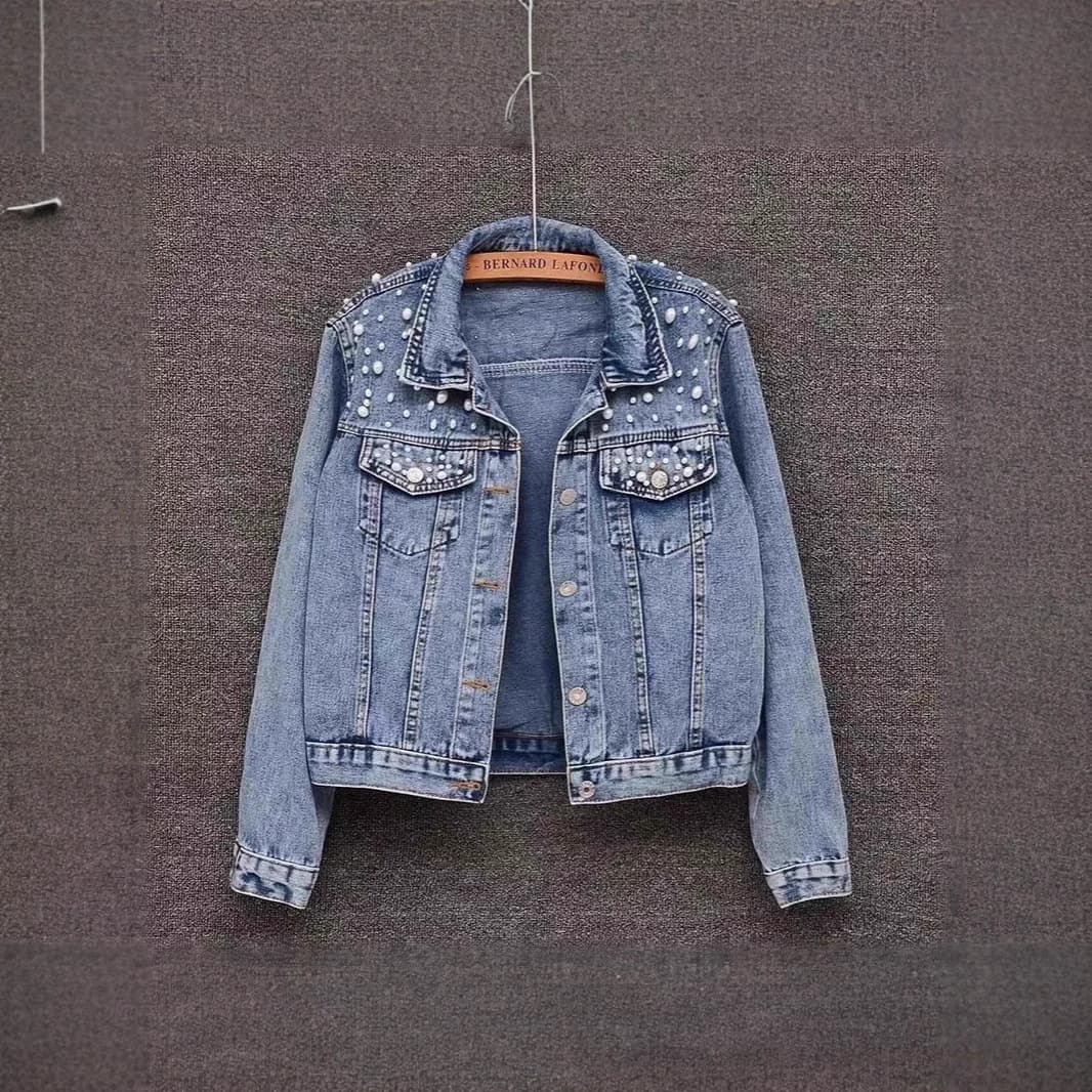 Southeast Asian Heavy Duty Embellished Jeans Jacket Women's Slim Fit Plus Size Student Cotton Denim Coat Shoulder Style