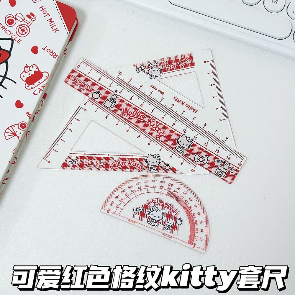 Cute red plaid kitty ruler set acrylic ruler high-value student ruler set four-piece ruler