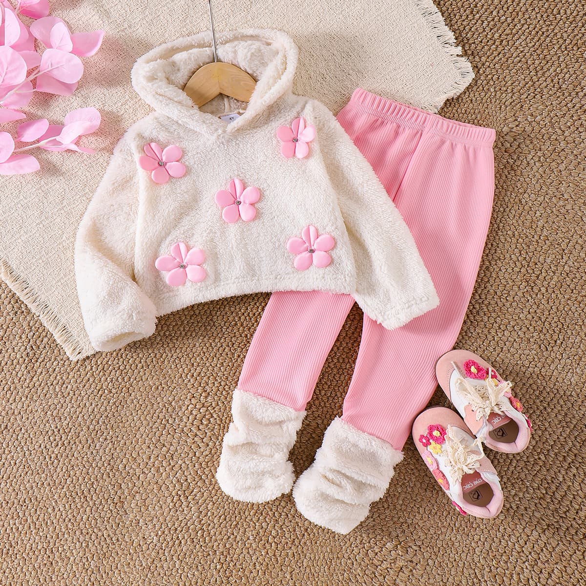 New Fall Cute 3D Floral White Hoodie with Pink Pants Set for Cross-border US/EU Market, Sweet and Adorable