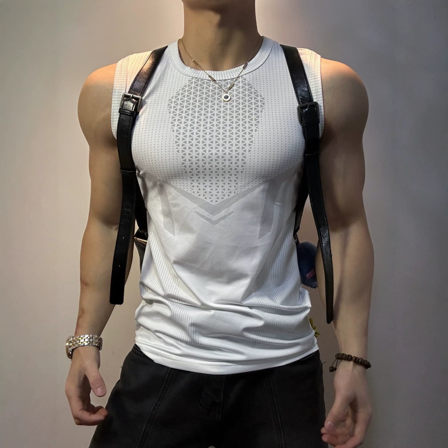 American versatile men's fitness vest, quick-dry breathable elastic tight sport T-shirt, trendy slim training top