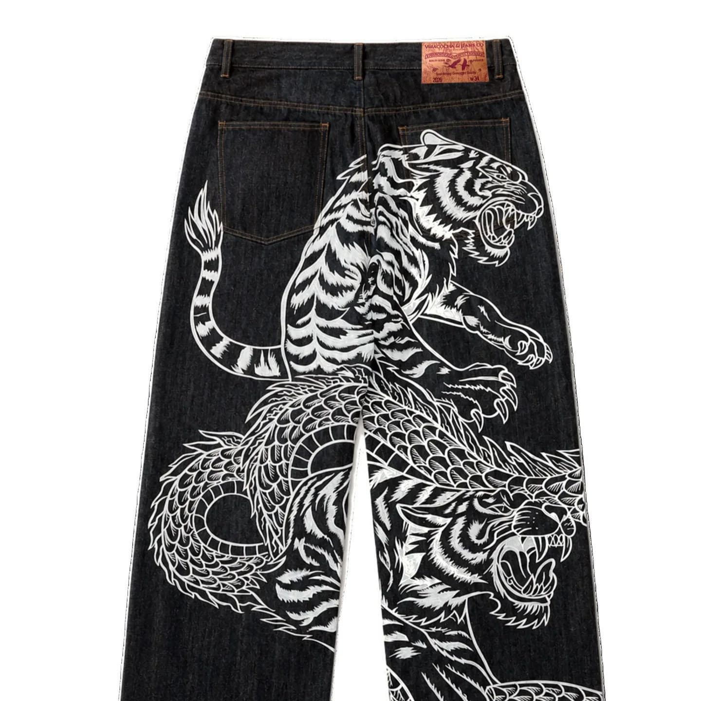 European and American cross-border high street hip-hop street fashion tk popular tiger pattern embroidery heavy industry washed straight jeans