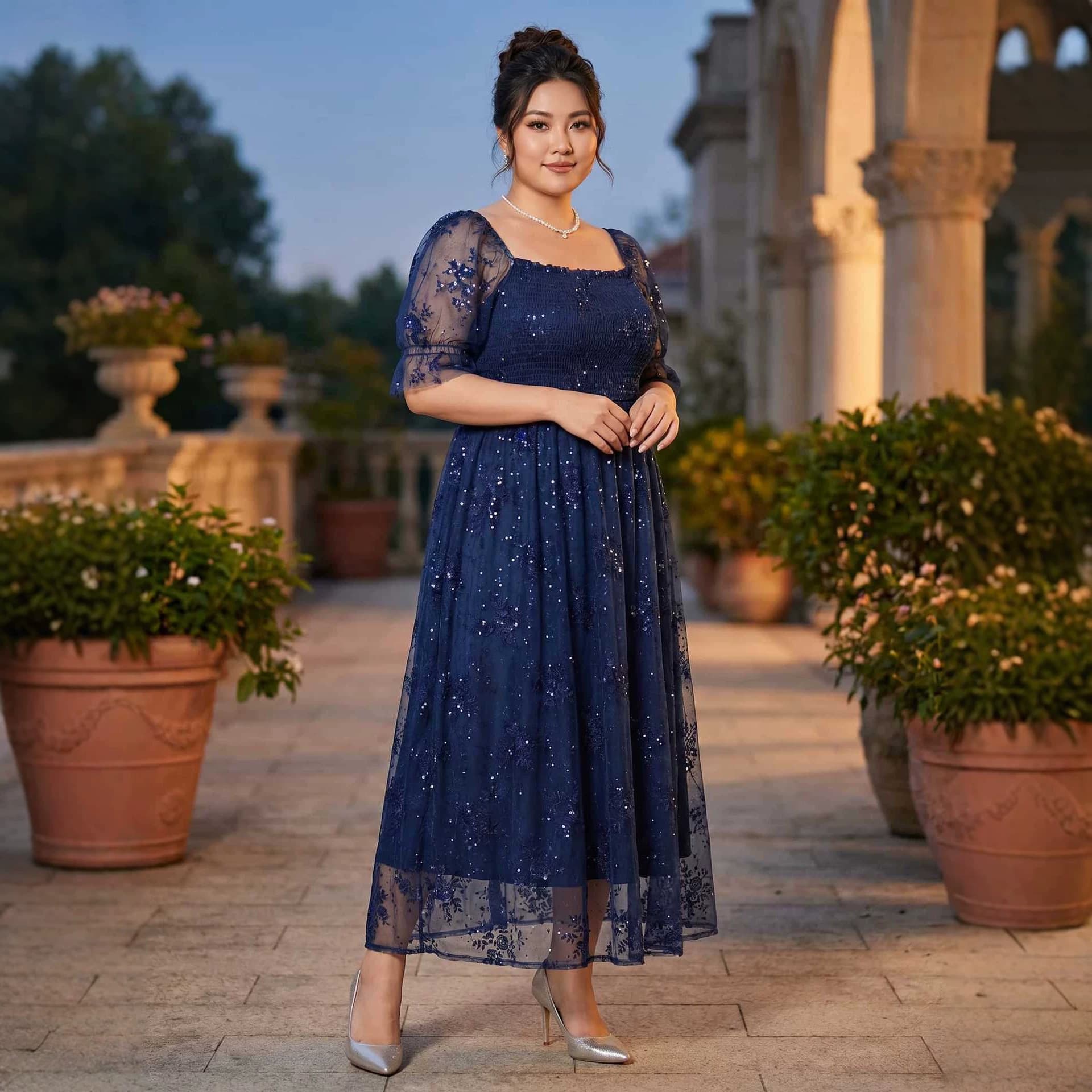 European and American Style Plus Size Women's Mesh Sequin Square Neck Puff Sleeve Waist-Cinching Slimming Banquet Dress