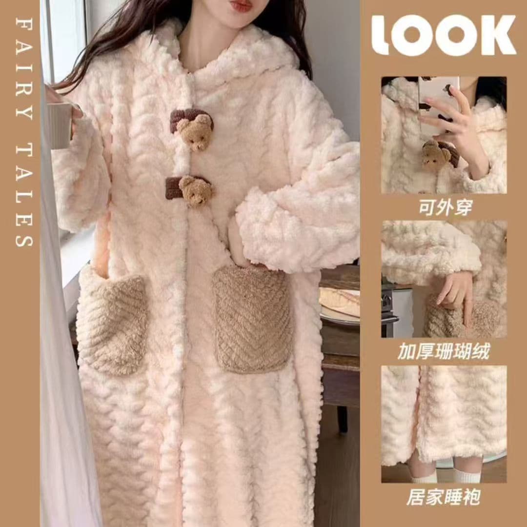 Little Bear Korean Style Women's Robe 2025 Autumn/Winter New Coral Fleece Thickened Hooded Bathrobe Long Sleepwear Nightgown