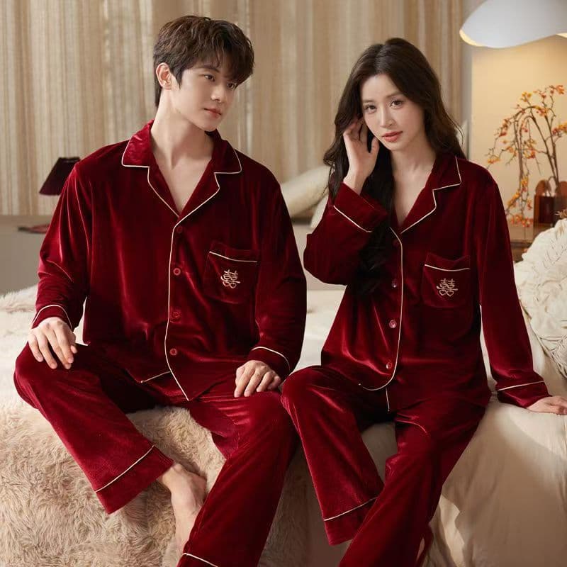 Pajamas Couple Wedding Newlywed Women Red Autumn/Winter Velvet Luxury Men's High-End Sense Wedding Use Newlywed Set