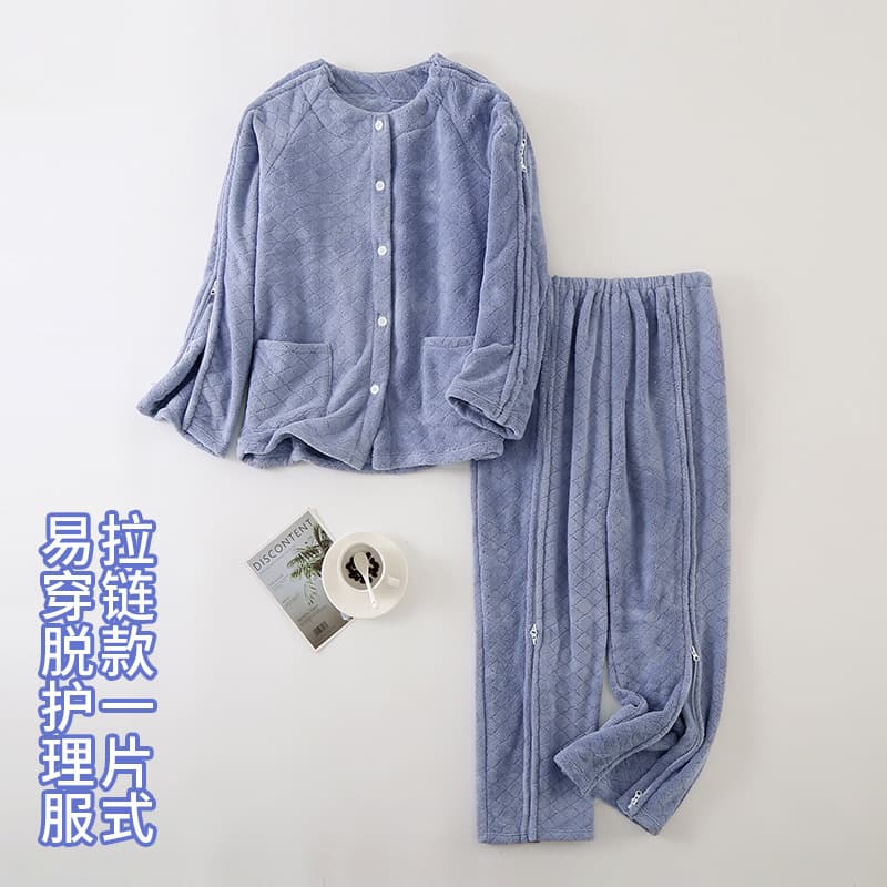 Unisex Easy-to-wear Coral Fleece Caregiver Suit Patient Bedridden Sleepwear Homewear Zipper