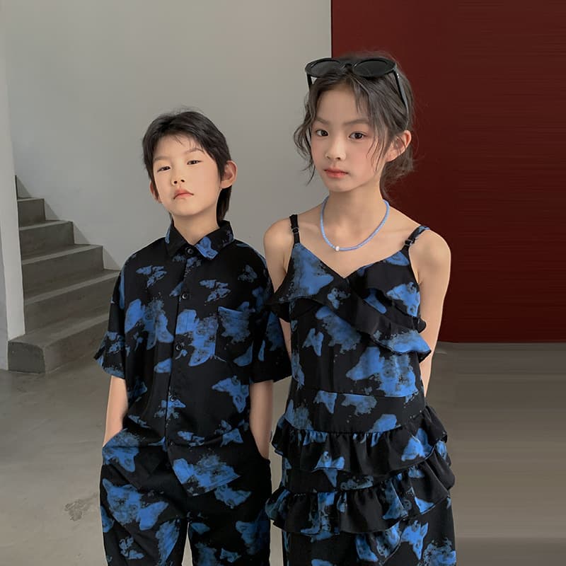 Children's summer suits, niche design, boys' shirts, girls' butterfly print dresses, strappy beach skirts, trendy