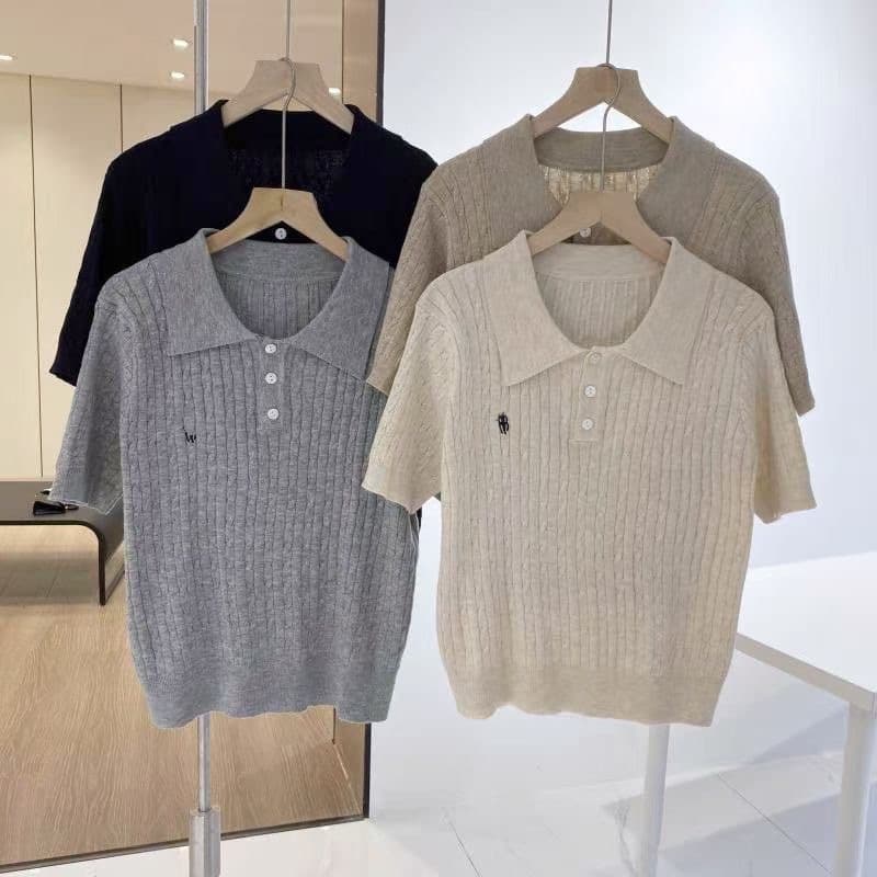 Embroidered Short Sleeve Polo Collar Gray Sweater for Women 2025 Spring Summer Vintage Twist All-Match Blouse Top