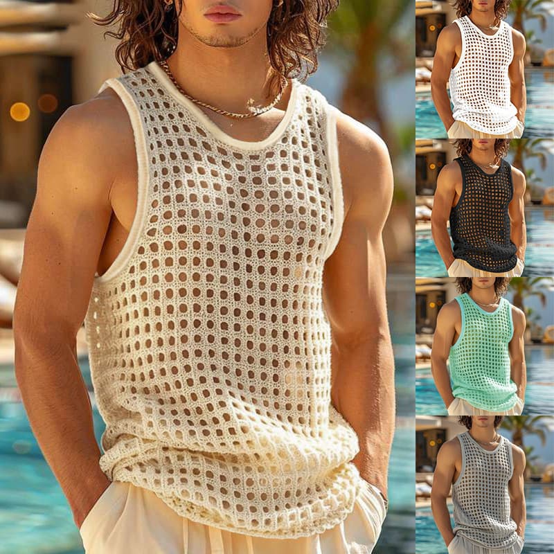 Cross-border Summer Europe-US Hollow-out Fitness Sports Sleeveless T-shirt Muscular Men Mesh See-through Sexy Knit Vest