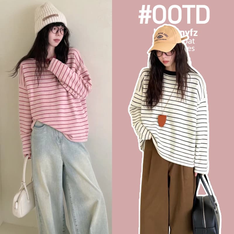 Maternity long-sleeved striped knit sweater pullover sweater, loose fit, plus size, casual and versatile top, base layer.