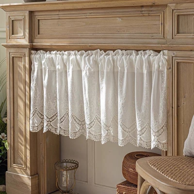 French White Lace Kitchen Short Curtain, American Style Lace Curtain, Half Curtain with Velcro, No Drilling, Rod Pocket, Room Divider, Coffee Door Curtain