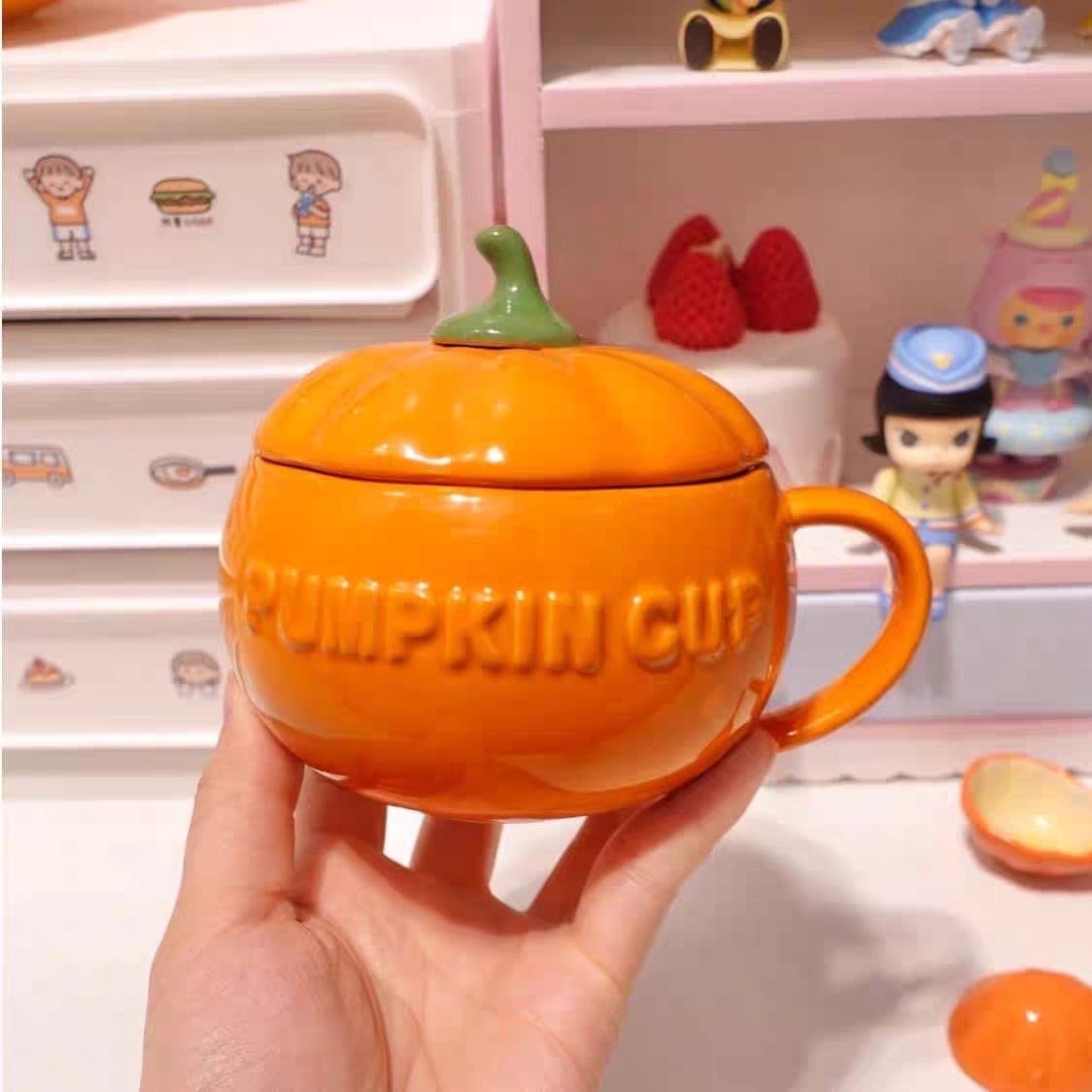 Adorable Small Pumpkin Ceramic Mug with Lid, Breakfast Cup, Yogurt Mug, Water Cup, Halloween Pumpkin