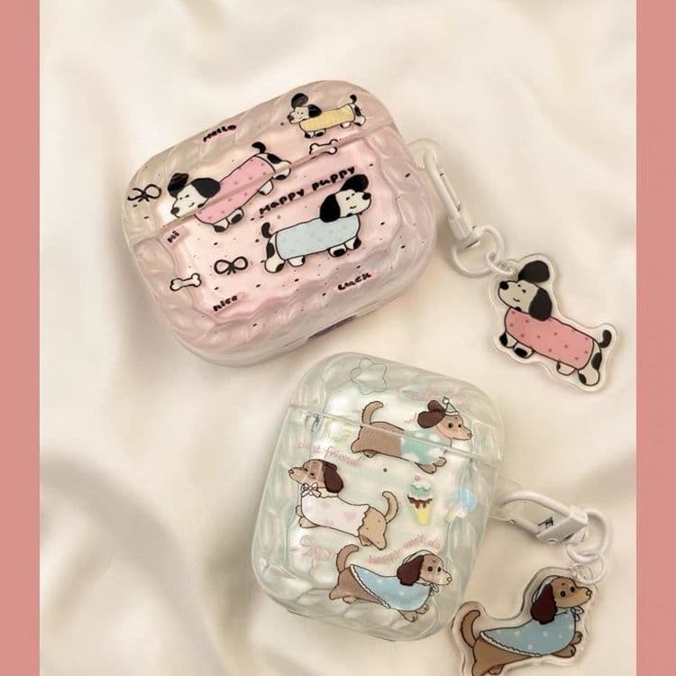 Cartoon Tie-Dye Dachshund Couple Case for AirPods 4, Apple Pro 3 Bluetooth Earphone Shell with Chain