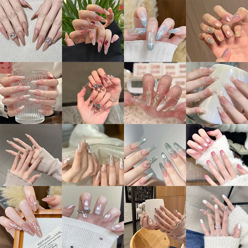 Hand-made manicure nails, high-end cat-eye with diamonds, fine glitter, white, pure hand-made manicure fragments, unique product clearance
