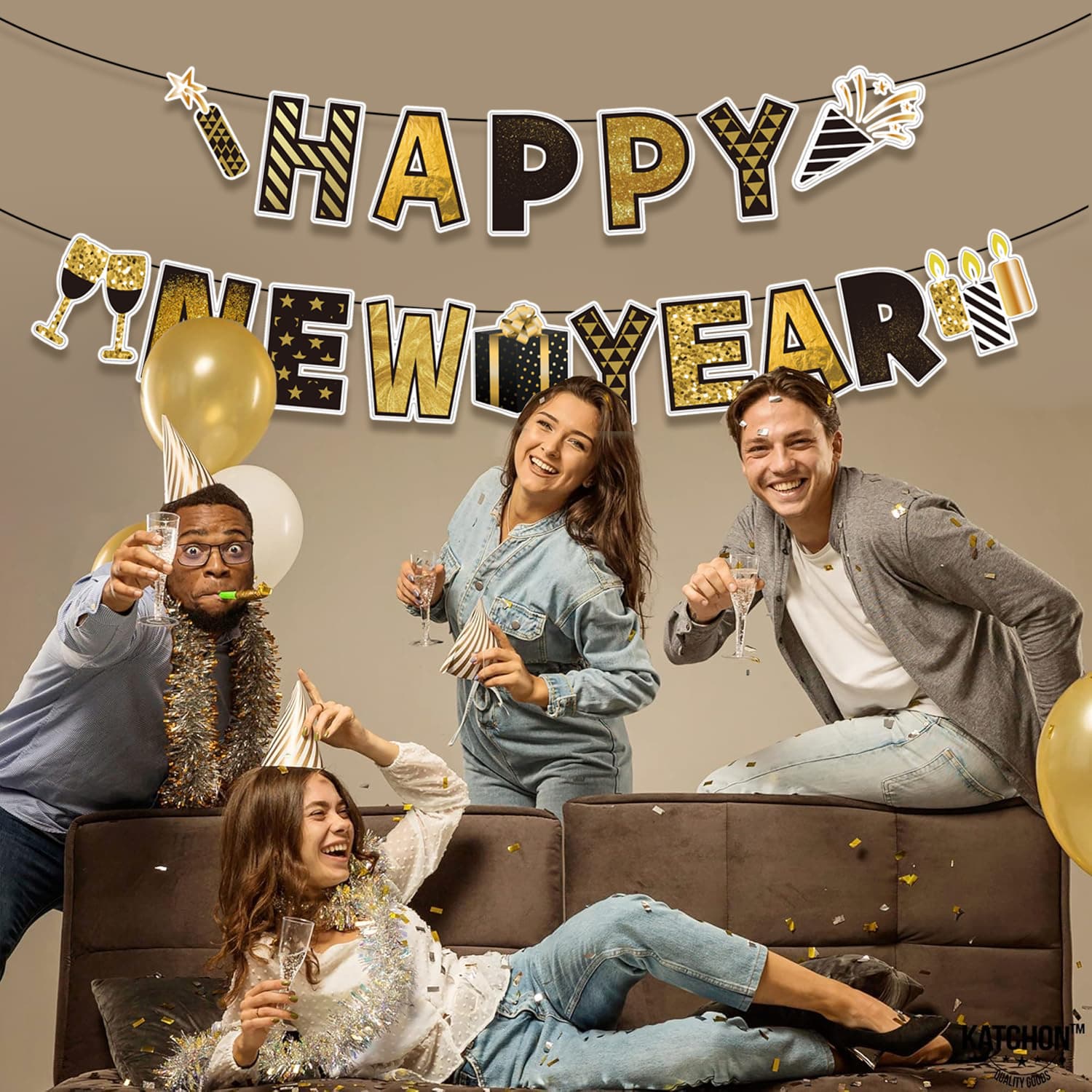2026 Happy New Year Letter Banner Glitter Black Gold Happy New Year Party Decoration Hanging Ornaments