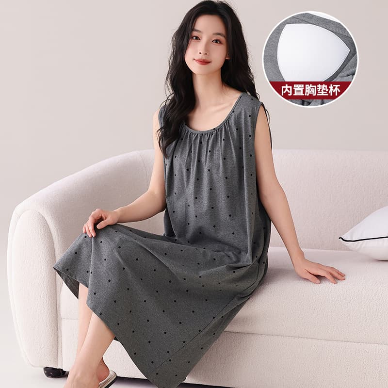 Women's summer home dress, cool cotton, lazy style, simple printed sleeveless mid-length dress with chest pad and can be worn outside