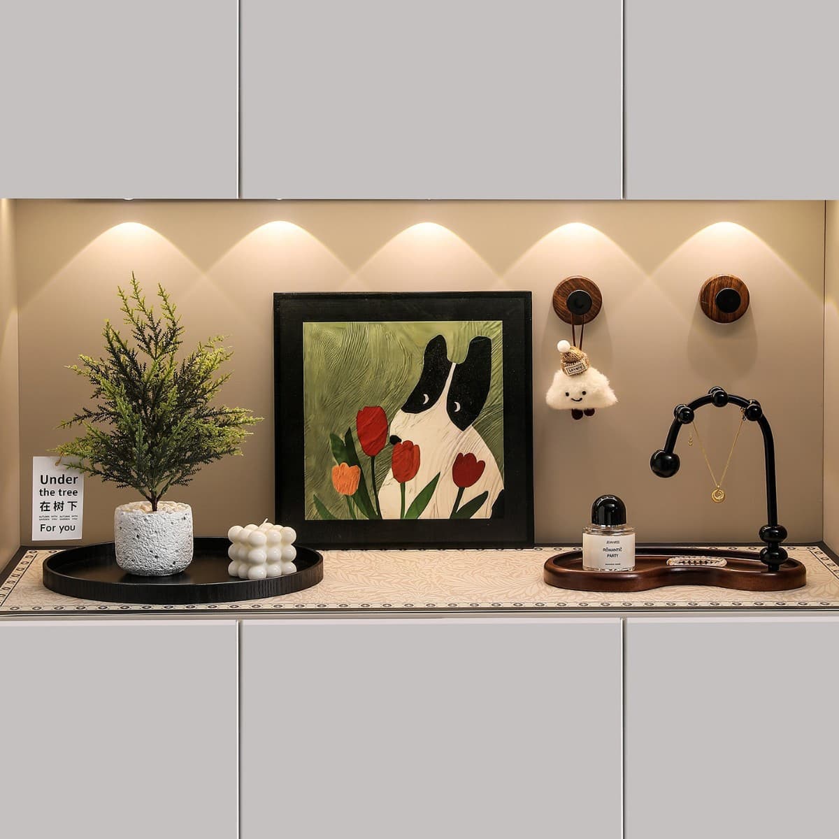 Medieval style entrance hall decorative ornaments, key storage rack, entry door, retro shoe cabinet, soft furnishings and paintings