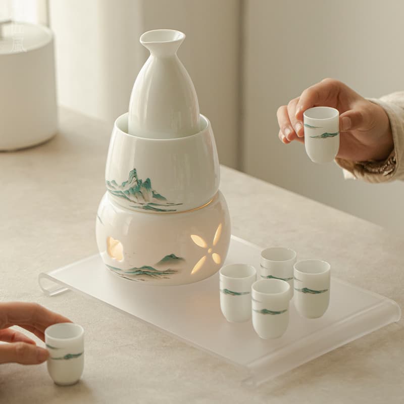 Thousand Miles Landscape Warmer - Home-style Chinese wine cup set for heating rice wine, sake, and spirits in ceramic vessels.