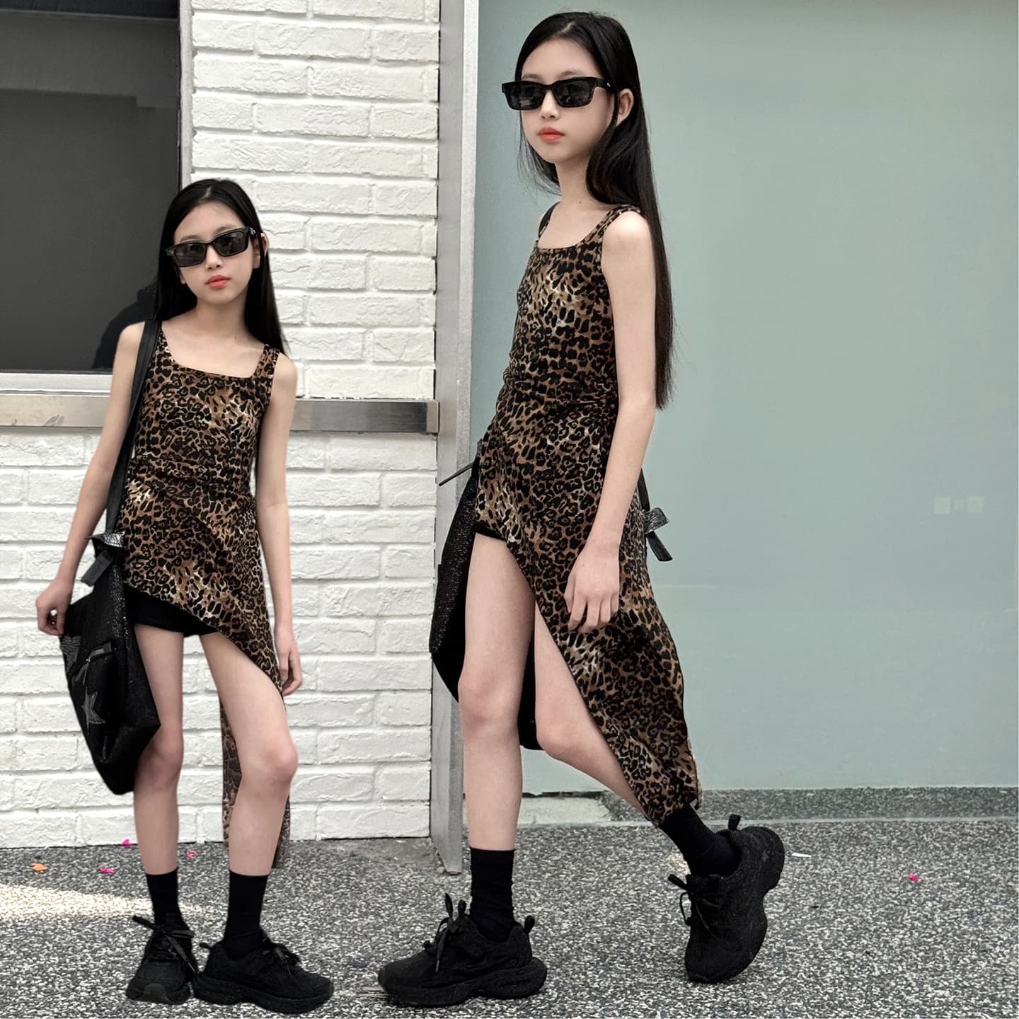 Girls Leopard Print Spaghetti Strap Dress 2026 Summer Style, Middle and Older Kids Runway Ribbon Vest Dress, Fashionable Latin Dance Dress