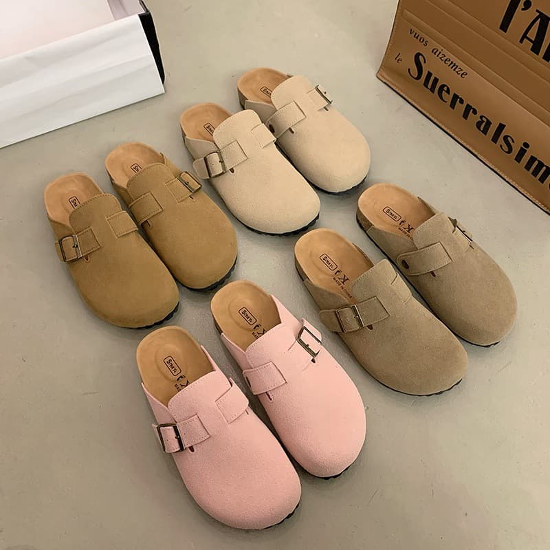 Suede Birkenstock-Style Women's Shoes 2026 Spring New Model Women's Slippers with Cork Sole, Flat Bottom, Closed-Toe, Half-Slipper, Outdoor Wear Shoes for Women