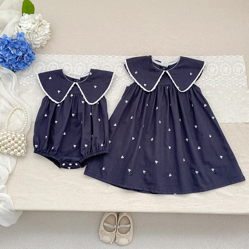 Girls Summer New Heart Print Baby Romper Bodysuit Dress for Toddlers Sisters Matching Outfit