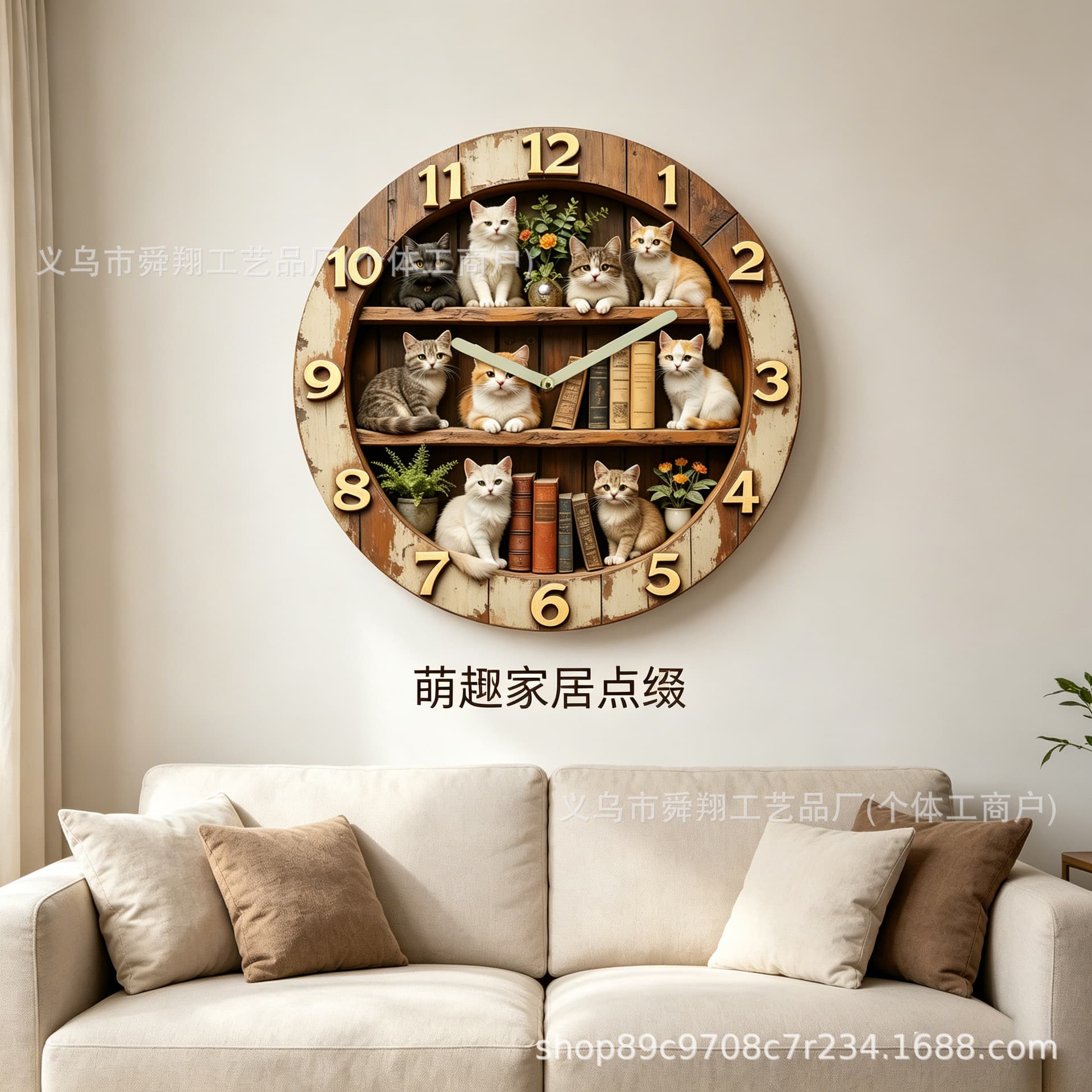 Cross-border new cat wall clock creative design silent clock retro pastoral style wall clock quartz clock wall-mounted