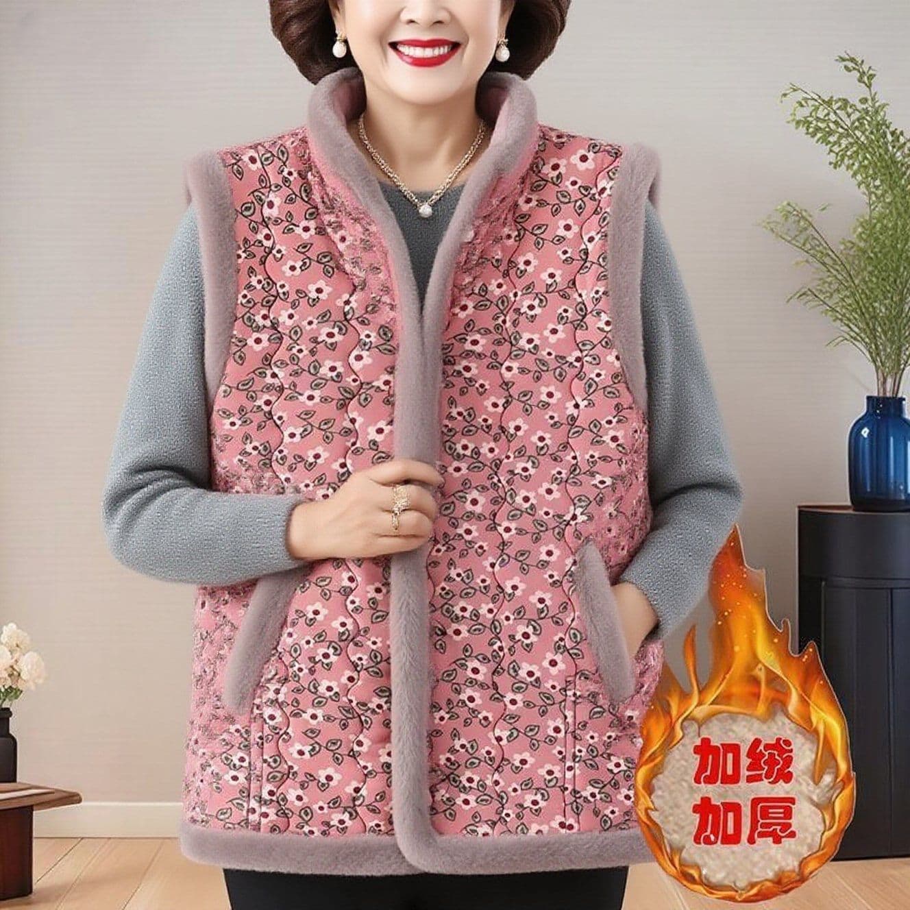 Winter new style 2025 buttoned gray fur-trimmed floral waistcoat, mother's northeastern thick warm stylish sleeveless vest.