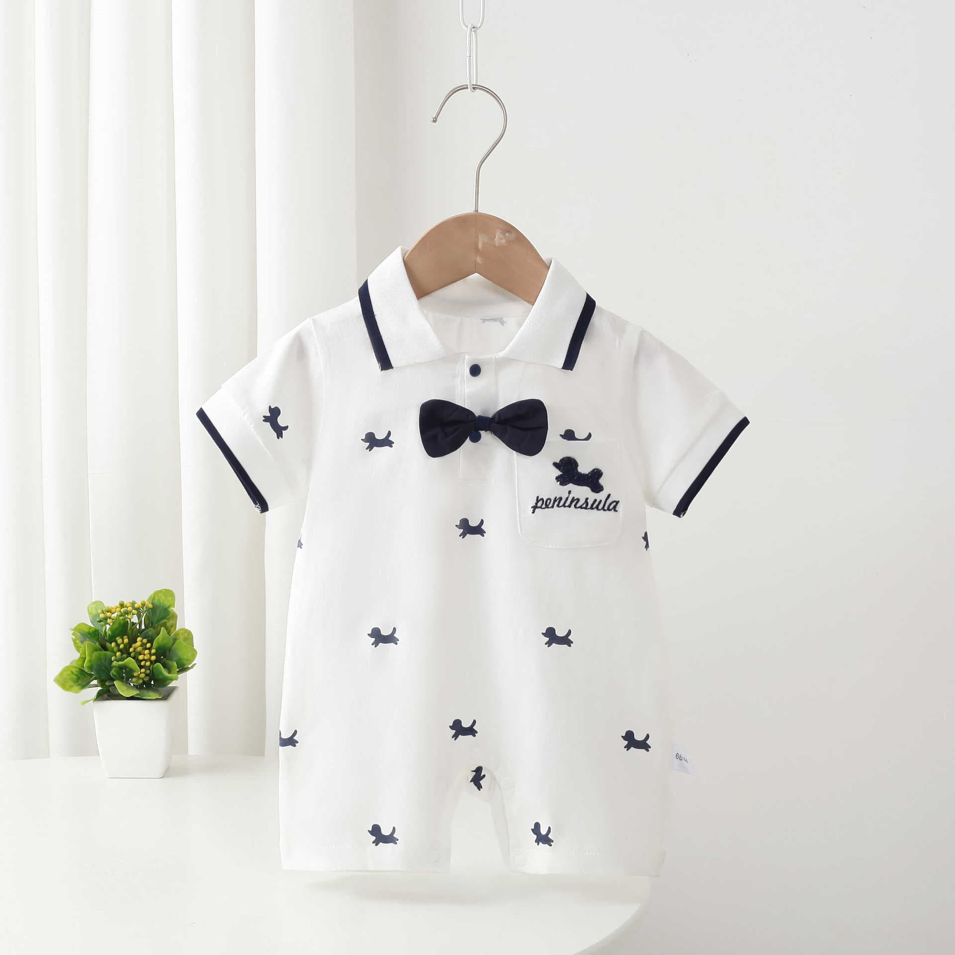 Infant Color-Block Bowtie Puppy Romper Summer Baby Short-Sleeve Outing Crawling Suit Soft Breathable Jumpsuit