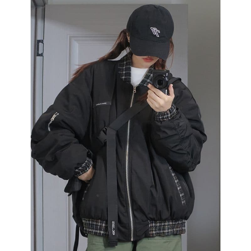 Military green bomber jacket, women's winter American high street patchwork coat, high-end feel, thick baseball jacket