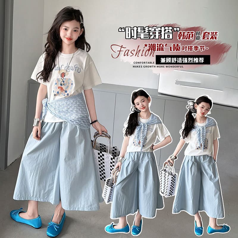 Girls Summer Outfit New Versatile Short Sleeve Stylish Artistic Casual Pants Sportswear Set