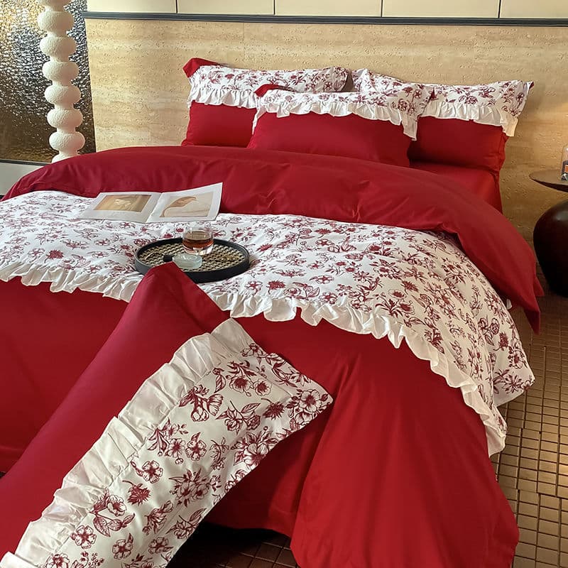 Light Luxury French Wedding Skin-Friendly Washed Cotton Four-Piece Set Duvet Cover Princess Sheet Bedding Newlywed Bright Red Factory