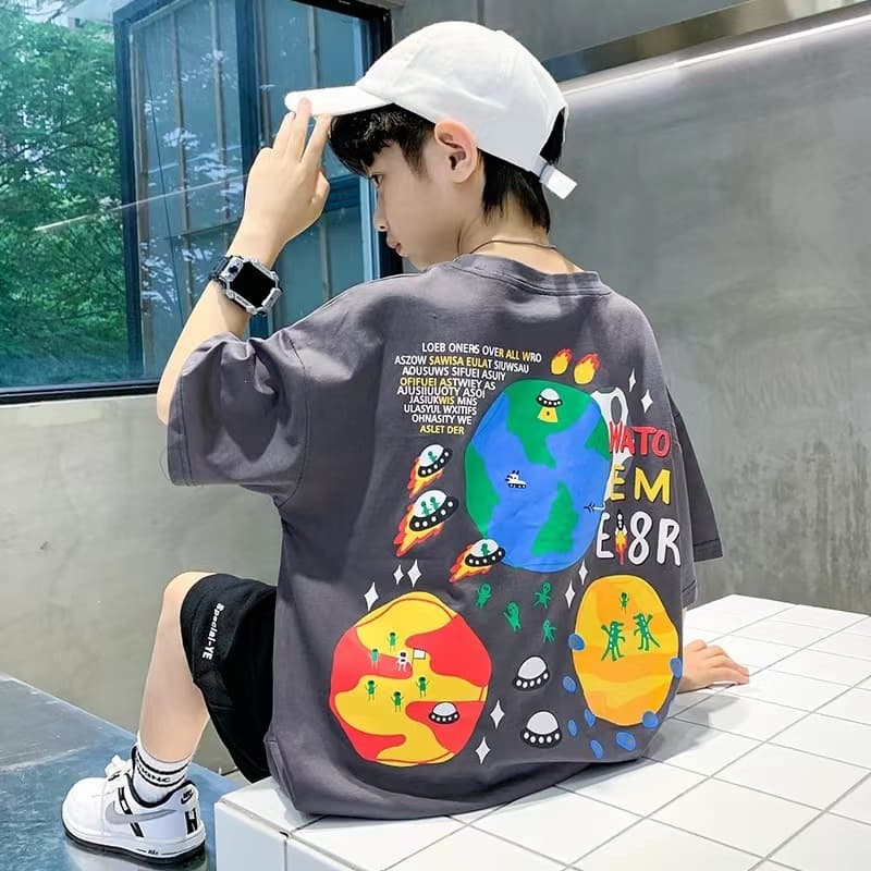 2026 Summer New Pure Cotton Boys Short Sleeve T-Shirt Trendy Top for Middle and Big Kids
