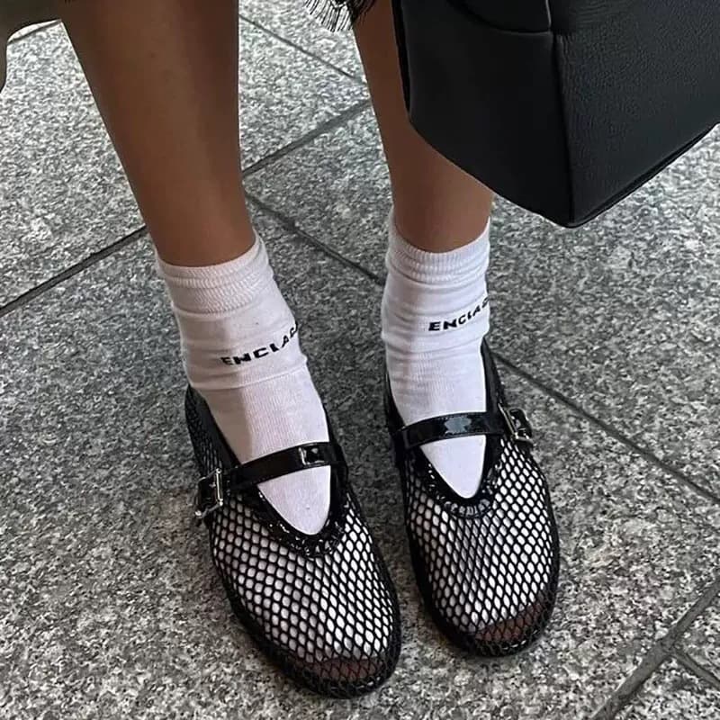 In-Stock Round-Toe Mesh Buckle Strap Ballet Flats for Women, Casual Flat Shoes, Hollow-Out Mary Jane Shoes, Fishnet Shoes