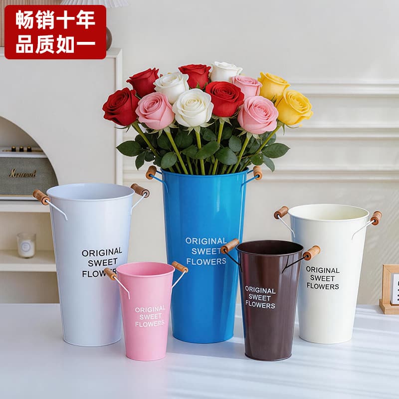 Iron Art Flower Bucket Fresh Flower Store Flower Arrangement Standing Water Bucket Iron Sheet Dried Flower Decoration Hug Bucket Flower Vase