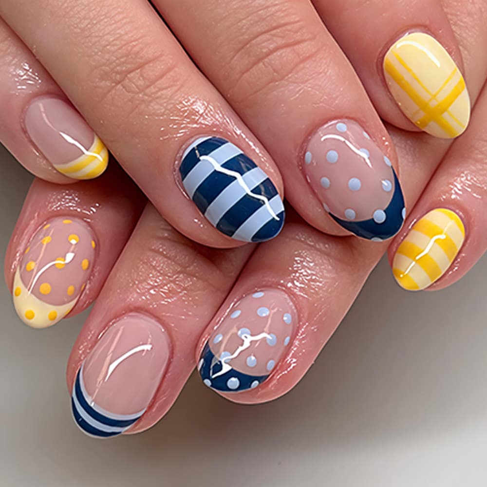 Cross-border Short Striped Polka Dot French False Nails Cheese Yellow Navy Blue Color Scheme Nail Tips Summer Wear Nails